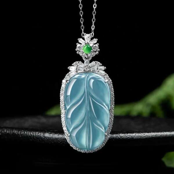 Dije de Jadeite Azul Aqua Diseño Hoja de la Buena Suerte - Imagen 6