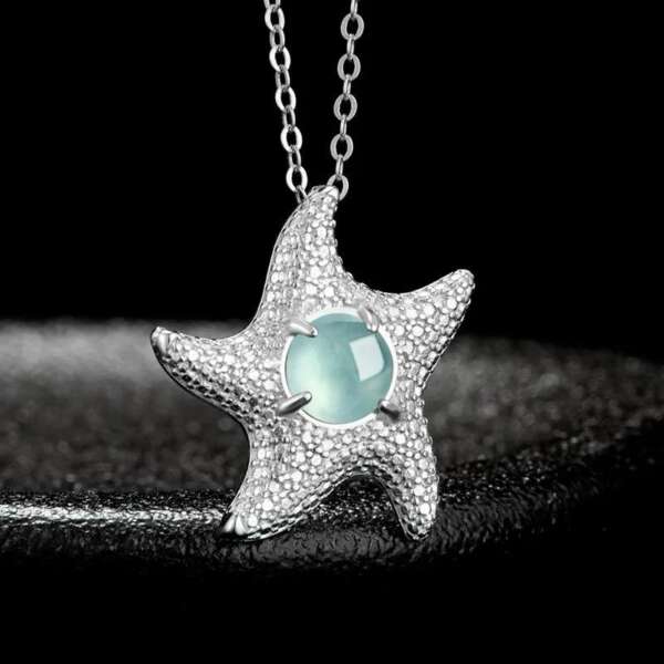 Dije de Jade Azul Natural en Forma de Estrella de Mar – Plata 925